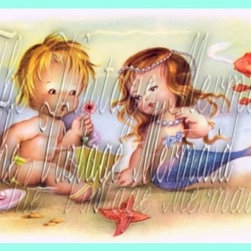 Fabric Merbabies Online Quilt Square Vintage Postcard Print - Products