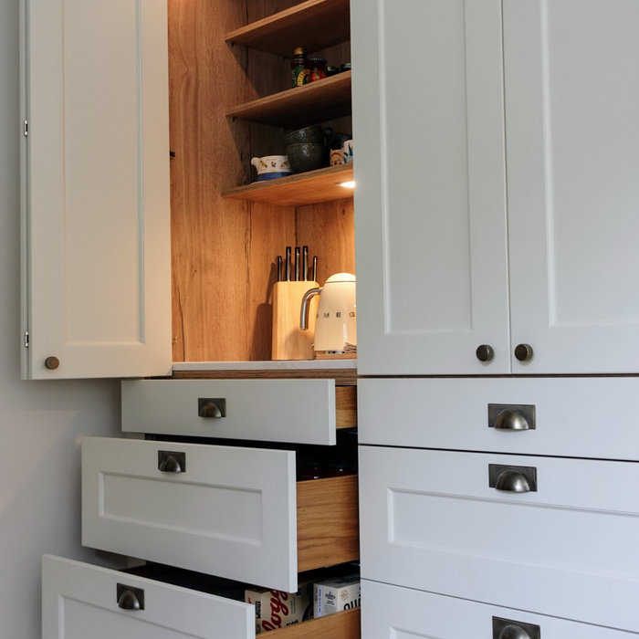 bespoke pantry bifold door solid oak drawers internal lighting