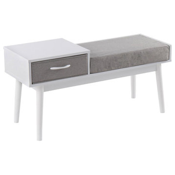 Telephone Contemporary Bench, White Wood/Gray Fabric With Pull-Out Drawer
