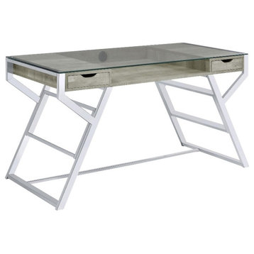 Pemberly Row 2-drawer Metal Glass Top Writing Desk Gray Driftwood and Chrome