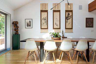 Great room - large transitional light wood floor and brown floor great room idea in San Francisco with white walls and a two-sided fireplace