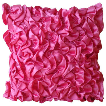 Pink Satin 26"x26" Vintage Style Ruffles Euro Pillow Shams, Vintage Fuchsia
