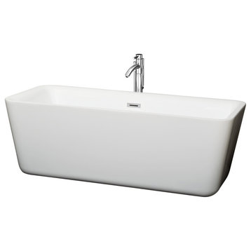 Emily 69" Freestanding White Bathtub, Polished Chrome Tub Filler & Trim Kit