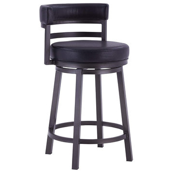 Unique Counter Stool, Mineral Frame With Black Faux Leather Seat & Rounded Back