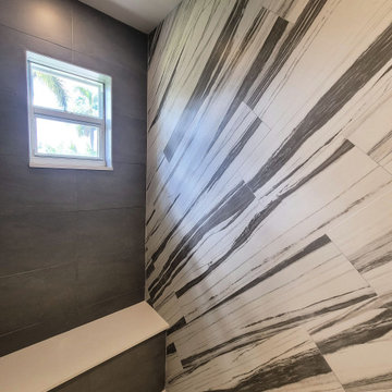 Diagonal striped tiles in bathroom shower