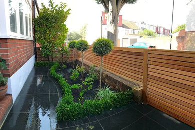 Design ideas for a medium sized front xeriscape garden in London with a wood fence.