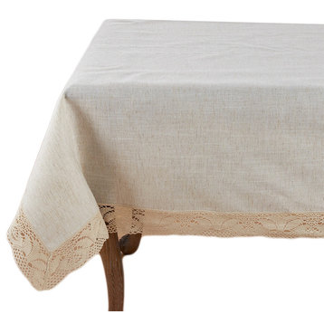 Elegant Embroidered Lace Natural Linen Collection Tablecloth, 72"x104"