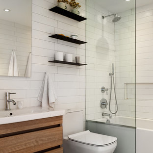 Example Of A Small Trendy Kids White Tile Gray Floor Bathroom Design In New York