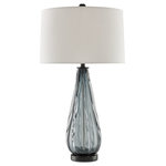 Currey & Company - Nightcap Table Lamp - Place the Nightcap table lamp on a bedside table and it will be the last thing you toast each night as you turn out the lights at bedtime. Its stylishly stunning column of glass is hand-formed with vertical ribbing throughout the blue-gray blown glass. Satin black hardware enhances the smoky appeal of the lamp, which stands 33" high and is topped with an off-white shantung shade.