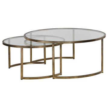 Set of 2 Bronze Gold Nesting Coffee Tables, Round Large Modern Minimalist