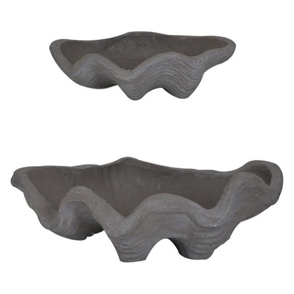Set of 2 Natural Grey Terracotta Giant Clam Shell Decorative Bowls Cen