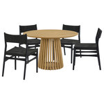 Armen Living - Pasadena Erie 5-Piece Round Dining Set, Natural Oak Finish Paper Cord Chairs - Transform your indoor dining space with the Pasadena Erie 5 Piece Dining Set from Armen Living. This contemporary dining set features: 1 round Pasadena table with a solid Oak base and concrete bottom for added stability, and an Oak veneer tabletop, and 4 Erie chairs constructed with solid wood frames and woven paper cord. The Danish and mid-century modern influences shine through in the sleek design that combines functionality with artistic flair. As versatile furniture pieces, these dining chairs transcend their traditional role, doubling as smart accent chairs or chic additions to your vanity. The ergonomic design ensures comfort during meals, providing both flexible support and style, while the open back and paper cord create a chair with unparalleled breathability. The 47-inch Round Pasadena Table is a chic and versatile addition that effortlessly blends style and functionality in your indoor living spaces. Finished with sophisticated Natural Oak, this contemporary yet rustic dining table is designed to make a statement in dining rooms, kitchens, and wherever else you can imagine needing an exquisite wood table. Crafted with meticulous attention to detail, the round shape of the table adds a touch of modern elegance to any space and invites conversation. The rich, organic color of this dining table is perfectly juxtaposed by the dark finish of these complementary chairs. This contrast serves to enhance the dramatic but simple aesthetic of this set, which is sure to create a focal point in any room. Perfect for intimate dinners or casual family meals, this five piece set is designed for those who appreciate a blend of form and function. Elevate your dining experience with the Pasadena Erie set, where contemporary design and a compact footprint come together to create the dining room of your dreams. This dining set is available in multiple color variations including: a black oak finish with black chairs, a natural oak finish with natural oak chairs, a natural oak finish with black chairs, and a walnut table top with black finish and black chairs.