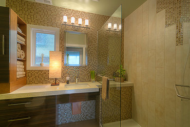 This is an example of a large contemporary master bathroom in Seattle with open cabinets, brown cabinets, a corner shower, brown tile, ceramic tile, brown walls, a drop-in sink and engineered quartz benchtops.