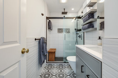Example of a small 3/4 white tile single-sink bathroom design in Boston with shaker cabinets, gray cabinets, an undermount sink, quartz countertops and a freestanding vanity