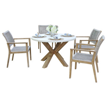 48" Ivory Composite Dining Table With 4 Wheat Rope Chairs