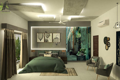Diseño de dormitorio principal minimalista grande con paredes multicolor, suelo de mármol, suelo beige y casetón