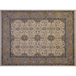 Bareens Designer Rugs - Boho Chic Ziegler Armando Ivory Gray Hand-Knotted Wool Rug - 8'9'' x 10'8'' - Enhance the ambiance of your home with this magnificent Persian-influenced Turkish hand-knotted rug made by skilled artisans capable of creating the most exceptional vegetable dyes and hand-spun wool. This exquisite handmade rug is a one-of-a-kind Peshawar Kafkaz, otherwise identified as Chobi, Chobi Peshawar, Oushak, or Ziegler rug. These handmade rugs are crafted in Pakistan utilizing superior-quality wool imported from Australia, New Zealand, and Korea in two types of weaves: the Persian weave and the Mori weave. This rug is meticulously crafted by hand using the finest natural vegetable dyes extracted from local plants. The artisans use a blend of hand-spun local and fine merino wool, resulting in a rug with a compelling texture, higher lanolin content, and longer staple. The artisans occasionally incorporate natural or artificial silk into the pile to enhance specific motifs. The finished product is an awe-inspiring execution of flawless design and an understated palette that exudes elegance.