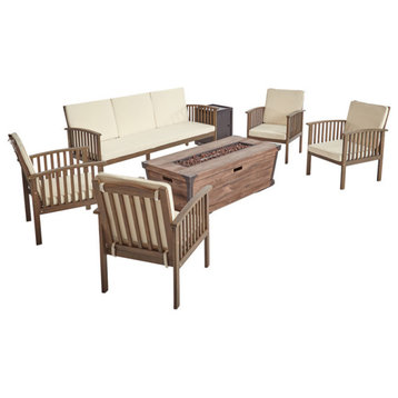 Martha Marjory Outdoor 5-Piece Acacia Wood Conversational Set With Fire Pit