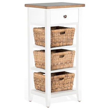 Sunny Designs Farmhouse Wood Storage Rack with Woven Baskets in White/Natural