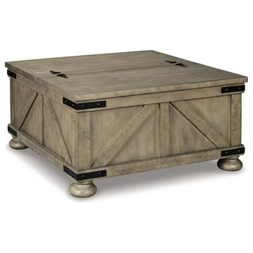 Farmhouse Coffee Table, 2 Sided Hinged Lift Top, Weathered Gray