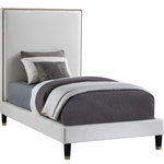 Meridian Furniture - Harlie Velvet Upholstered Bed, Cream, Twin - Give your room an instant boost of drama and style when you add this Harlie bed to the mix. This twin-size bed features a soft cream velvet exterior that's both chic and sleekand just the thing to add modern beauty to your decor. Brass nailheads lend this magnificently crafted bed an elegant vibe, while brass caps on the leg amplify its sophisticated demeanor. An extra-tall design makes sure this Harlie bed gets the bulk of attention in your bedroom.