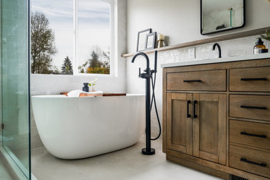 Inspiration for a small cottage double-sink corner shower remodel in Seattle with shaker cabinets, quartz countertops, a hinged shower door and a freestanding vanity