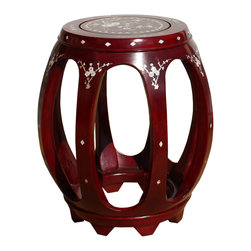 Chinese Red Brown Mahogany Mother of Peal Round Barrel Stool - Footstools And Ottomans