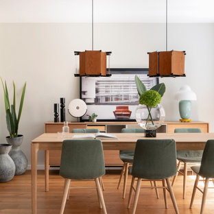 Imagen de comedor contemporáneo, abierto, sin chimenea, con paredes blancas, suelo de madera en tonos medios y suelo marrón