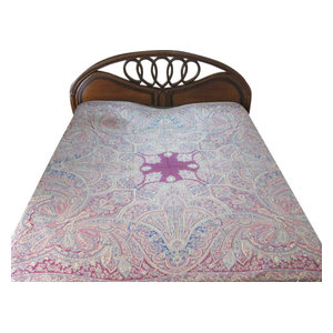 Mogul Interior - Pashmina Bedspreads Indian Bedding Blanket Pink Blue Paisley Reversible Throw - Throws