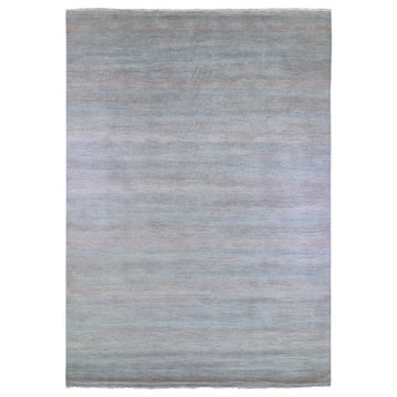 Baby Blue with Touches of Peach Grass Design Wool&Silk Handknotted Rug,10'x14'2"