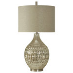 StyleCraft Home Collection - Bubble Glass Finished in Northbay On A Silver Base Sparkle Fabric Drum Shade - Bring a glam touch to any hallway, office, or living room with this mercury glass table lamp. The textured mercury glass frame sits on a sleek brushed steel base, and there's a matching steel finial atop the sparkling hardback fabric shade. The glittering shade and shining mercury glass brighten up the monochrome look of this lamp, making it a radiant addition to a bedroom or dining room.