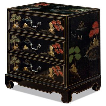 Black Lacquer Chinoiserie Scenery Motif Oriental Chest