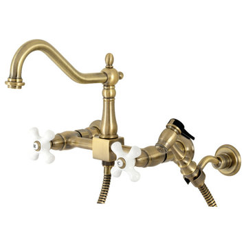 KS1243PXBS Two-Handle Wall Mount Bridge Faucet with Brass Sprayer, Vintage Brass