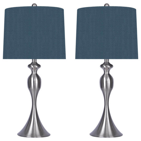 27" Curvy Brushed Nickel Table Lamp With Navy Blue Slub Linen Shade, Set of 2