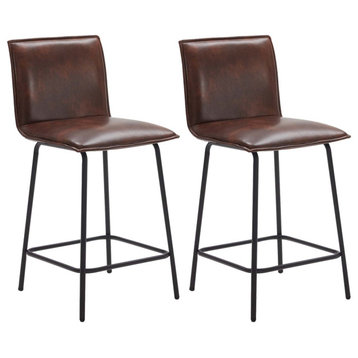 Set of 2 Modest Faux Leather Counter Stools, 24 Inch, Dark Brown