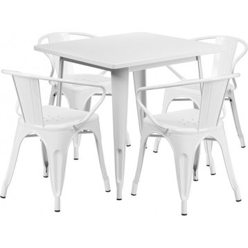 31.5'' Square White Metal Indoor-Outdoor Table Set With 4 Arm Chairs