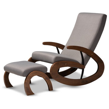 Modern 2-Piece Grey Fabric Walnut-Finished Wood Rocking Chair & Ottoman Set
