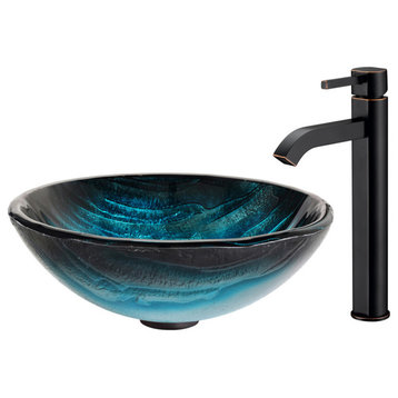 Glass Vessel Sink, Bathroom Ramus Faucet, PU Drain, Mount Ring, Oil Rub Bronze