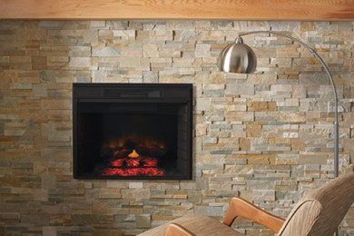 Example of a minimalist family room design in Toronto with a standard fireplace and a stone fireplace