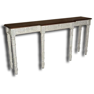 Console Table Italian Distressed White  Rustic Carved Wood  Six