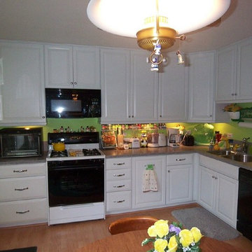 Taller crisp white cabinets with new built-ins of trash pull-out and dishwasher