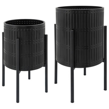 2-Piece Set Ridged Planters In Metal Stand, Black