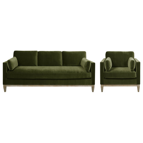 Knox 84" Modern Farmhouse Sofa and Armchair 2-Piece Set, Olive Green