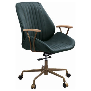 Mid Century Office Chair, Curved Leather Seat With Channel Stitching, Dark Green