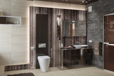 Inspiration for a mid-sized contemporary master beige tile and ceramic tile ceramic tile and beige floor wet room remodel in Miami with brown cabinets, a hot tub, a one-piece toilet, beige walls, an undermount sink, glass countertops, a hinged shower door and brown countertops