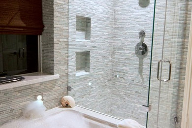 Inspiration for a large transitional master bathroom in Houston with flat-panel cabinets, dark wood cabinets, an undermount tub, an alcove shower, a two-piece toilet, beige tile, matchstick tile, white walls, marble floors, a vessel sink, marble benchtops, white floor and a hinged shower door.