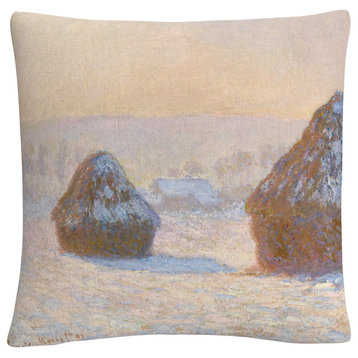 Monet 'Wheatstacks Snow Effect In Morning' 16"x16" Decorative Throw Pillow