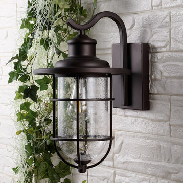 10.5" 1-Light Iron/Seeded Glass Rustic Cage Outdoor Lantern, Oil Rubbed Bronze