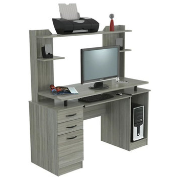 Modern Desk, Open Comparments With Storage Drawers & Metal Handles, Smoke Oak