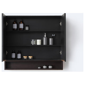 Bergen Modern Medicine Cabinet, Matte Black Frame, Dark Walnut Shelf, 36"